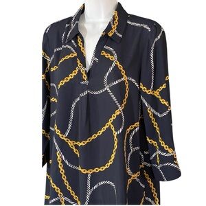 Anne Klein Gold Chain Print Blouse Navy Small 3/4 Sleeve Old Money Maximalist